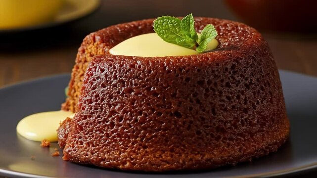 Traditional South African Malva Pudding with custard and mint garnish