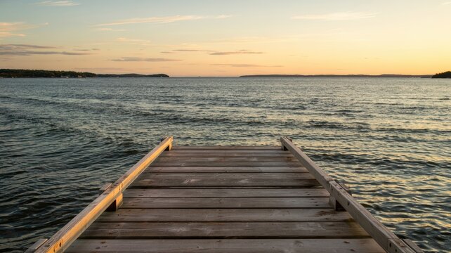 Tranquil wooden pier overlooking calm lake at sunset with clear sky and distant hills