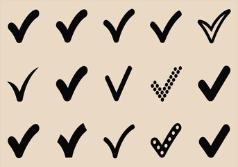 Vector illustration of black hand-drawn check marks and tick icons - check marks, vector, hand-drawn, black, tick, icons, symbols, approval, selection, graphic.