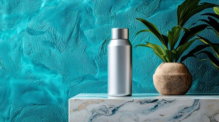matte bottle in icy silver resting on smooth floating marble slab, background glowing with glacial blue tones, subtle snowflake shadows on surface