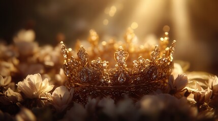 A golden crown surrounded by intricate floral patterns, with soft rays of light highlighting its details, evoking a sense of royalty