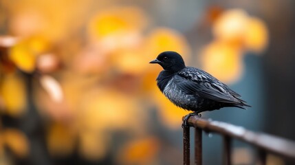 A solitary black bird perches on a railing, surrounded by vibrant autumn leaves, symbolizing freedom and tranquility amidst the changing seasons.