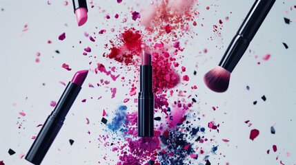 Different makeup products flying on white background
