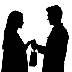 Pharmacist handing medicine bag to customer silhouette in black and white, pharmacy healthcare trust