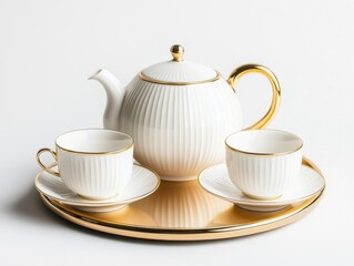 Elegant white tea set with gold accents isolated on white background