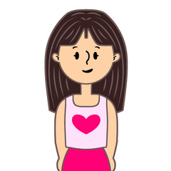 Cute Illustration of a girl in pink clothes with a love motif, and a short pink skirt, smiling with dark