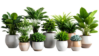 Obraz premium Decorative Potted Plant Set – Ceramic Containers and Green Foliage, Transparent Background