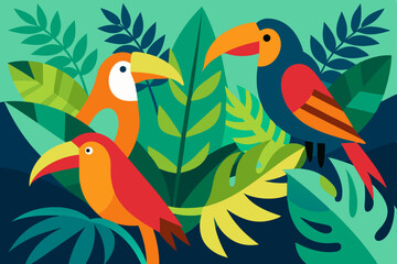 tropical birds perched on branches surrounded 