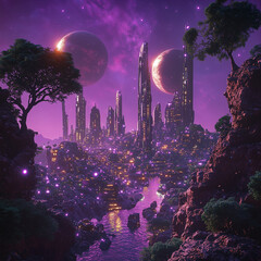Obraz premium Futuristic alien cityscape glowing in a purple-toned night under two giant moons, surrounded by rocky cliffs and lush trees, sci-fi skyline with tall luminous towers and flowing river, photorealistic.