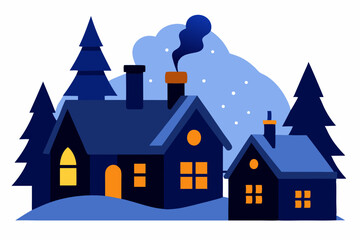 winter village at dusk with glowing windows 