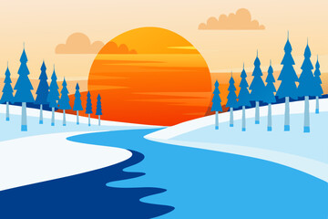winter sunset reflecting off a frozen river lined .svg