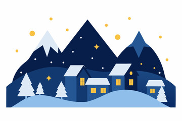 winter village nestled beside a mountain with twin 