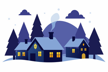 winter village at dusk with glowing windows 