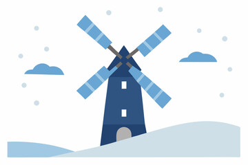 winter windmill in a frosted field with drifting 