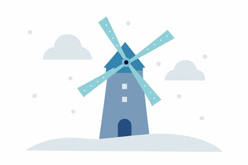 winter windmill in a frosted field with drifting 