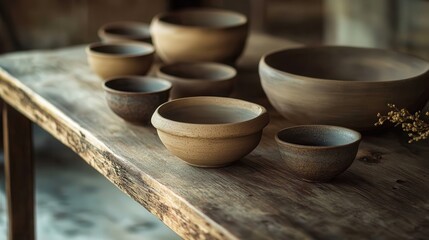 A beautifully arranged scene with clay cups and bowls, each with a unique handcrafted design, placed on a wooden table, evoking an earthy