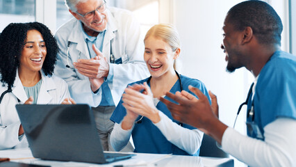 Doctors, woman and team with applause, laptop and support with goals, results and celebration....