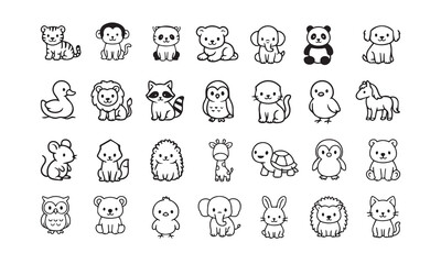 Adorable black and white illustrations of cute animals suitable for various design projects