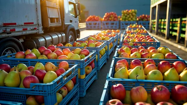 Harvested apples in crates being loaded onto a delivery truck at a farm packing facility in daylight