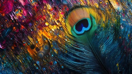 Iridescent Majesty: Macro of a Colorful Peacock Feather

