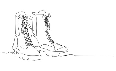 Continuous line drawing of man work safety boots. Single one sketch line art of safety hiking boots. Vector illustration editable stroke