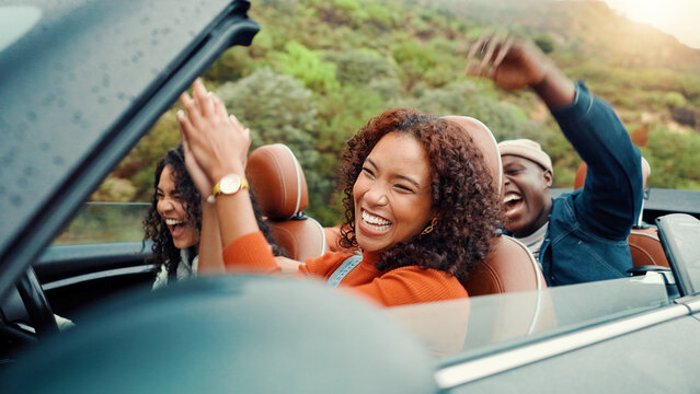 Clapping, dance and road trip with happy friends in car together for holiday, travel or vacation. Drive, music and smile with group of people riding in convertible vehicle for weekend getaway