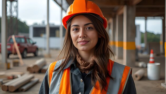 A female builder with long hair in an orange helmet in a construction vest looks straight into the camera against the background of a construction site