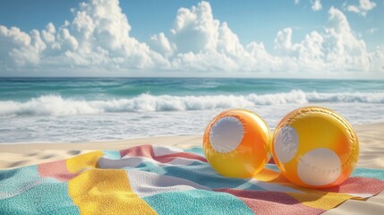 A group of inflatable beach balls on a colorful beach towel, with ocean waves crashing gently in the background, creating a relaxing beach day scene.