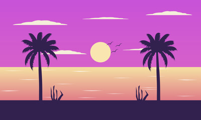 Summer Nature Landscape, Silhouette of Coconut Trees and Sunset on the Sea in the Evening