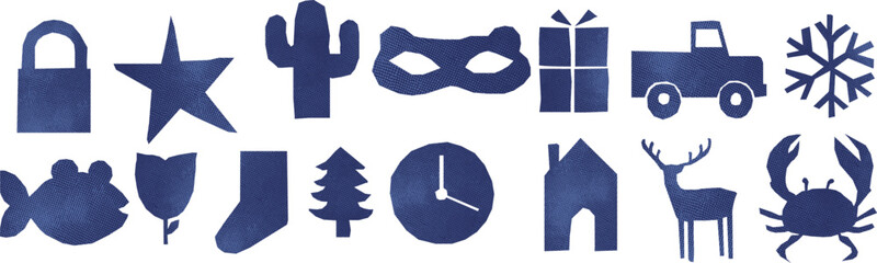 Kit of scrapbook crumpled elements. Set of vector isolated illustrations. Zine popart cartoon arts with dotted blue paper or jeans fabric. Christmas theme