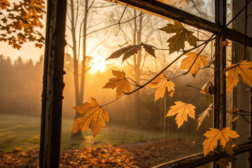 Golden Hour Through Autumn Window Sunlight Maple Leaves and Nostalgia A Captivating Landscape Scene Explore Autumn s