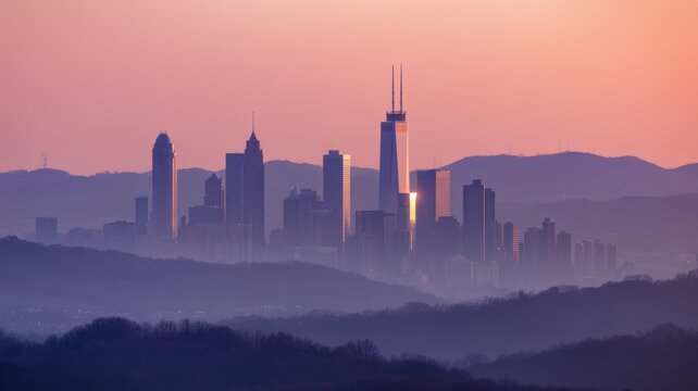 Downtown skyline at sunrise with misty mountains and reflective skyscraper