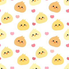 Cute yellow chicks and pink hearts on a white background create an adorable kawaii chicken pattern, perfect for nursery decor or spring designs.