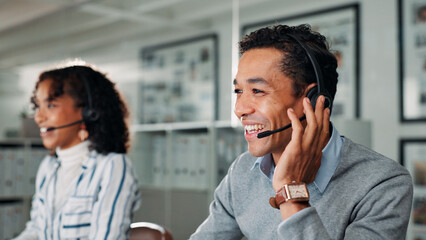 Headset, people and call center consultants in office for lead generation, crm or help desk consultation. Audio tech, customer service and technical support agents with online query in workplace.