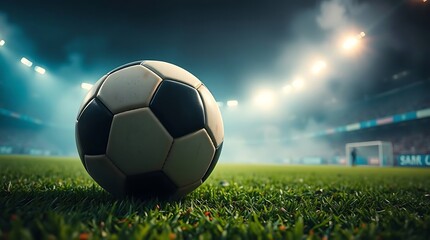 Fototapeta premium Soccer ball on the green grass field in a stadium under the bright lights during a soccer game at night