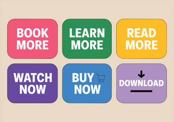 Vector illustration of colorful call-to-action buttons - book more, learn more, read more, watch now, buy now, download - buttons, call-to-action, vector, colorful, web, UI, icons, marketing, digital.