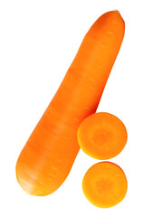 Side view of one fresh orange carrot root with slices in circles in stack isolated on white background with clipping path