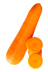 Side view of one fresh orange carrot root with slices in circles in stack isolated with clipping path in png file format