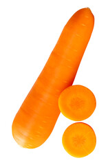 Side view of one fresh orange carrot root with slices in circles in stack isolated with clipping path in png file format