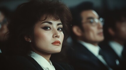 A captivating close-up of a woman in a darkened auditorium, thoughtfully observing the audience. Her expression suggests depth and contemplation within an engaging environment.