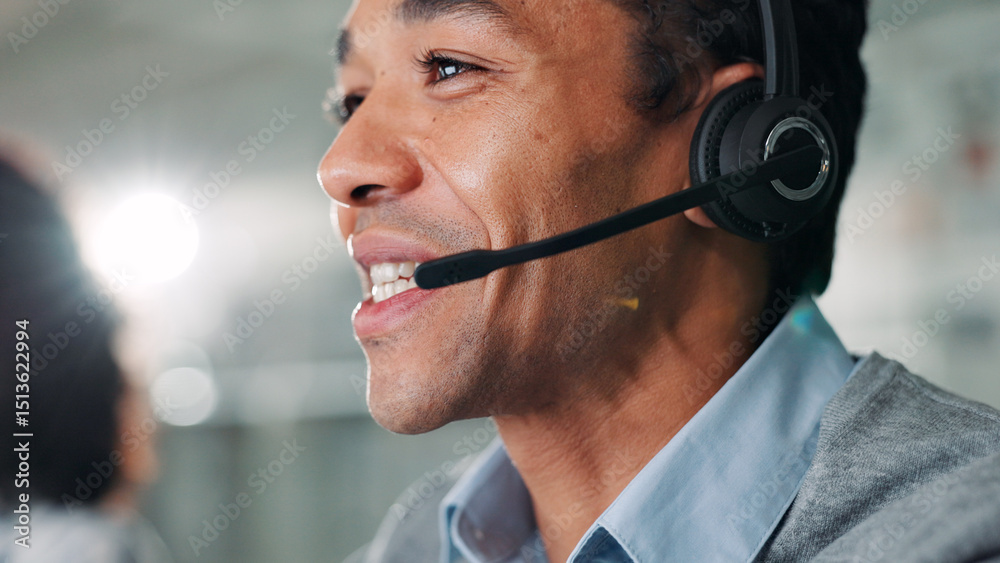 Poster headset, man and customer service consultant in office for lead generation, crm or help desk consult