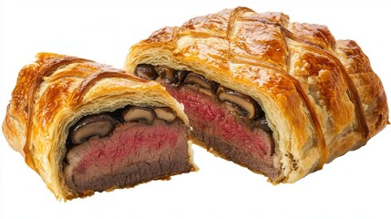 A Beef Wellington cut into individual slices, showing the layers of beef, mushrooms, and pastry, isolated on a transparent background to highlight its delicious texture