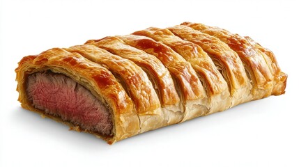 A Beef Wellington freshly sliced, showing the contrast between the crispy pastry and juicy beef, displayed on a transparent background for a high-quality presentation