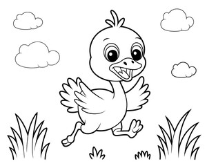 Fototapeta premium A happy cartoon duckling running through grass with a cheerful expression surrounded by fluffy clouds perfect for a coloring page.