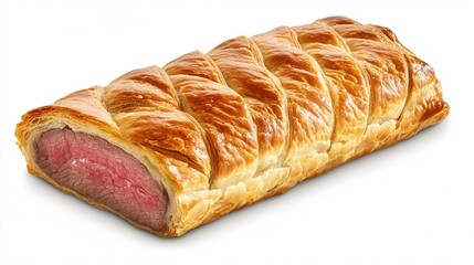 A Beef Wellington freshly sliced, showing the contrast between the crispy pastry and juicy beef, displayed on a transparent background for a high-quality presentation