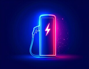 A glowing neon electric car charger in vibrant blue and pink hues, symbolizing sustainable energy and modern vehicle technology.