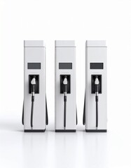 Three sleek, minimalist white fuel dispensers arranged in a row, isolated on a clean white background for product or advertisement use.