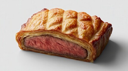 A Beef Wellington showcasing its golden pastry crust and tender beef center, sliced to reveal the delicate layers