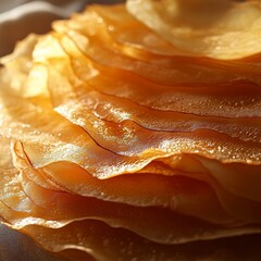 Obraz premium Golden Stack: Close-up of Delicious Homemade Crepes, a Culinary Delight for Breakfast or Dessert, Showcasing Textural Perfection and Warm, Inviting Tones