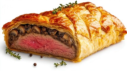 A Beef Wellington with a crispy pastry shell and tender beef, showing layers of mushroom duxelles inside